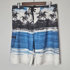 Burnside Mens Blue Tropical Palm Tree Board Shorts Swim Trunks‎ Size 34